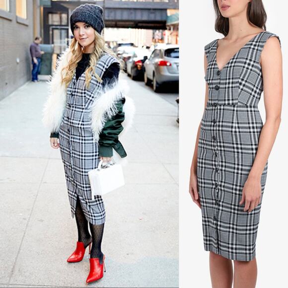 Veronica Beard Lark XS 2 V-Neck Button-Front Black White Plaid Sheath Midi Dress - Picture 4 of 9
